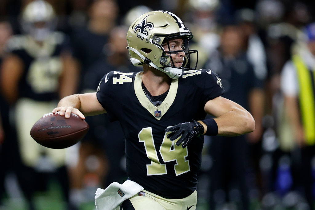 Quarterback Jake Haener of the New Orleans Saints passes while