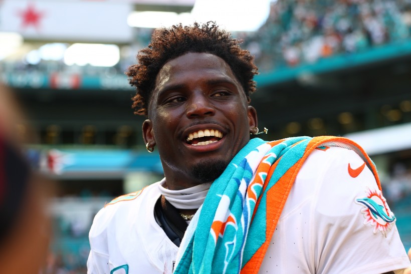 Tyreek Hill #10 of the Miami Dolphins reacts after his team's 20-17 win against the Jacksonville Jaguars at Hard Rock Stadium on September 08, 2024 in Miami Gardens, Florida.