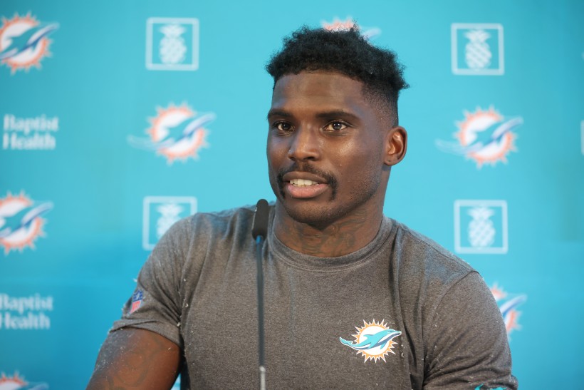 Tyreek Hill talks to the media during a Miami Dolphins press conference at PSD Bank Arena