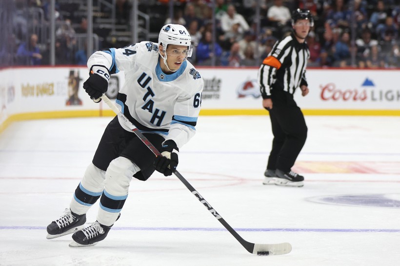 Patrik Koch #64 of the Utah Hockey Club plays he Colorado Avalanche in the third period at Ball Arena on September 29, 2024 in Denver, Colorado.