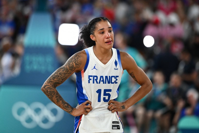 Gabby Williams reacts after the USA won the women's Gold Medal basketball match between France and the USA during the Paris 2024 Olympic Games at the Bercy Arena in Paris on August 11, 2024.