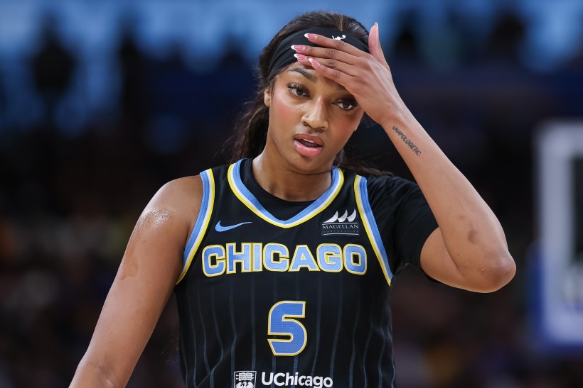 Angel Reese #5 of the Chicago Sky reacts during the game against the Indiana Fever at Wintrust Arena on August 30, 2024 in Chicago, Illinois