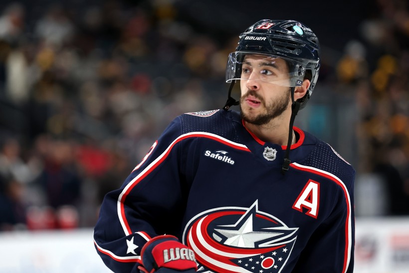 Johnny Gaudreau #13 of the Columbus Blue Jackets warms up prior to the start of the game against the Boston Bruins at Nationwide Arena on January 2, 2024 in Columbus, Ohio. 