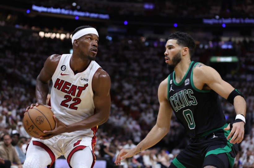 Jimmy Butler and Jayson Tatum - Boston Celtics v Miami Heat - Game Three