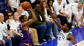  Kevin Durant and Anthony Edwards - Phoenix Suns v Minnesota Timberwolves - Game Two