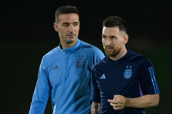 Lionel Scaloni and Lionel Messi - FBL-WC-2022-TRAINING-ARG